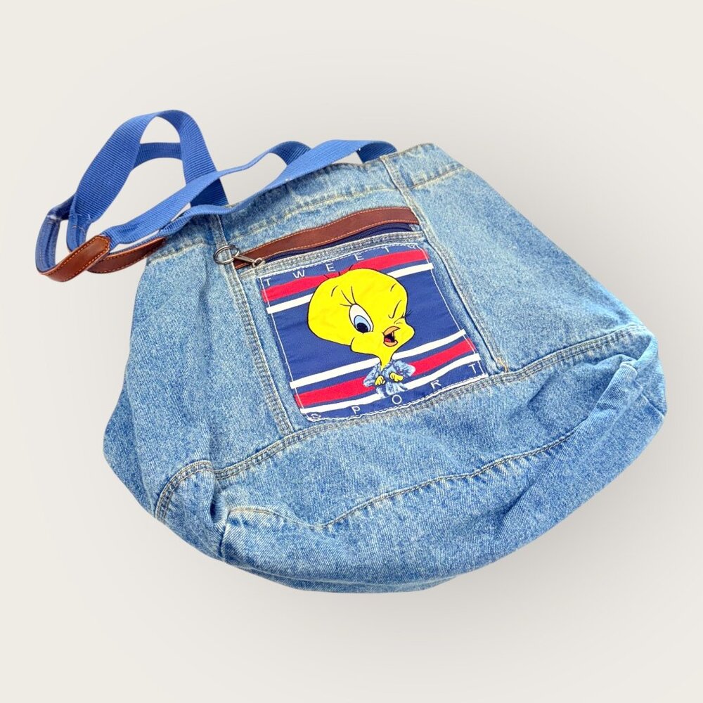 Vintage 90s Tweety Sport Denim Tote Bag With Blue Straps Front Zippered Pocket